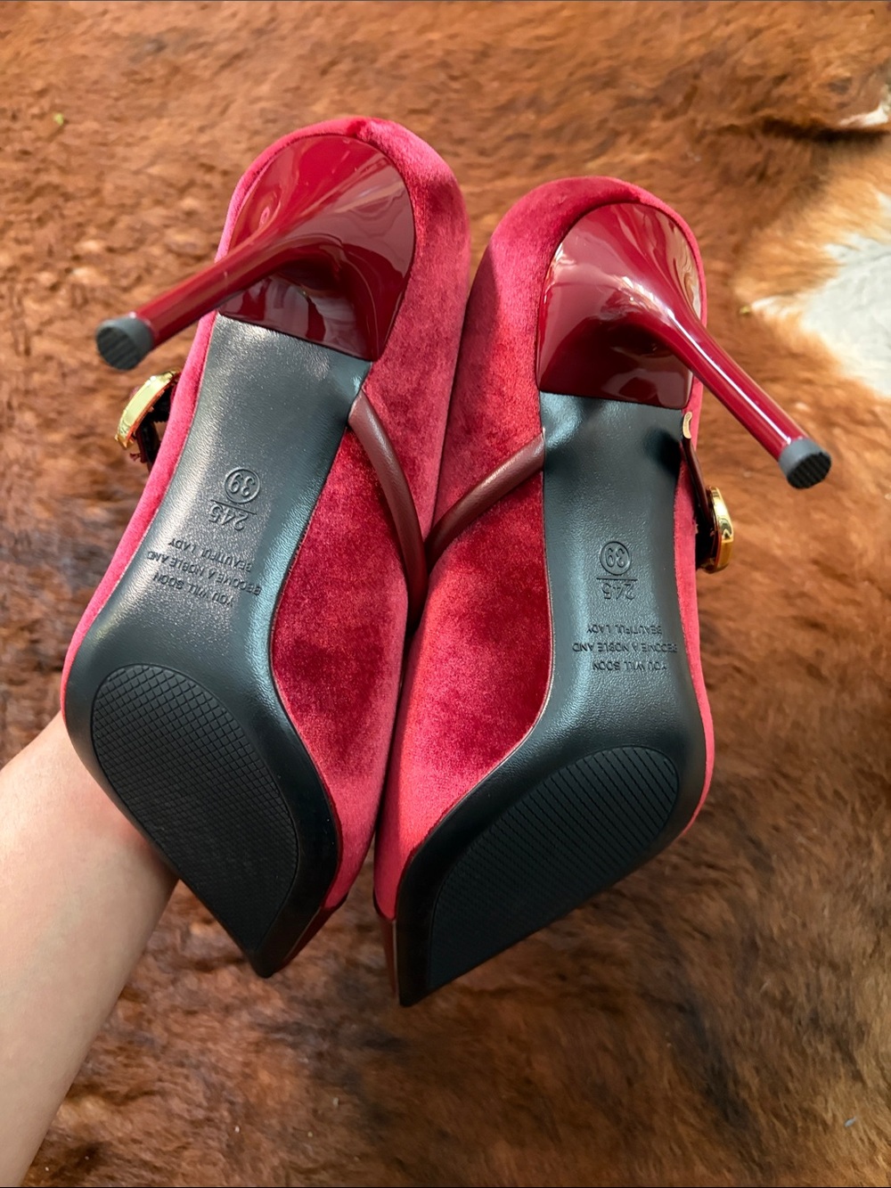 Burgundy Velvet Pointed Mary Jane Stiletto Heels - Picture 3 of 4